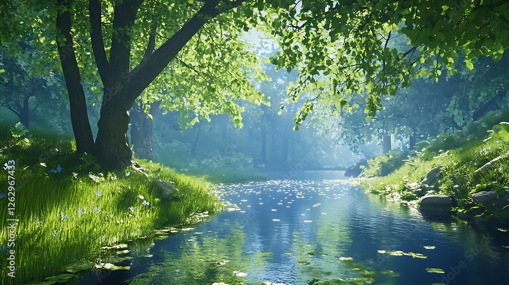 Fototapeta premium Serene Forest Stream: A 3D Render of a Sunlit Summer Day AI Generated