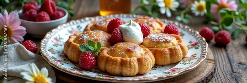 Wallpaper Mural Rustic raspberry tartlets with cream garnish on floral plate Torontodigital.ca