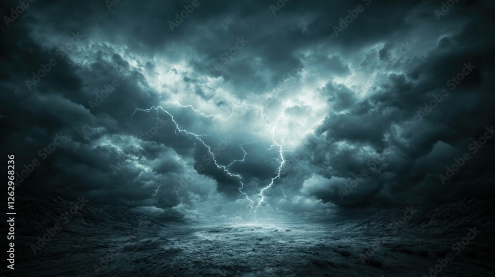 Dramatic storm clouds illuminated by lightning over a dark ocean landscape at dusk Dramatic storm clouds illuminated by lightning over a dark ocean landscape at dusk