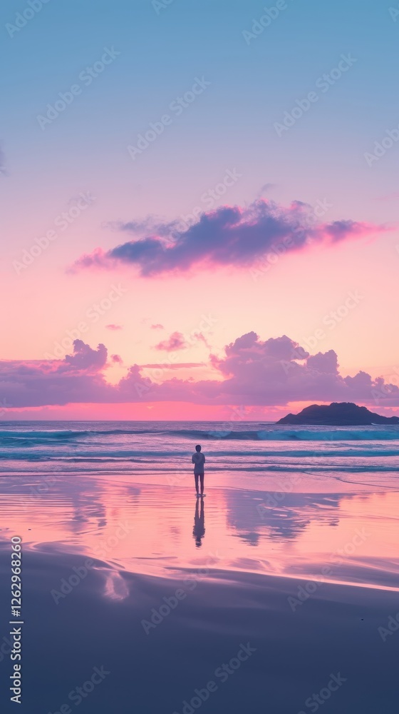 Obraz premium Solitary Figure Silhouetted Against a Pink Sunset Beachscape
