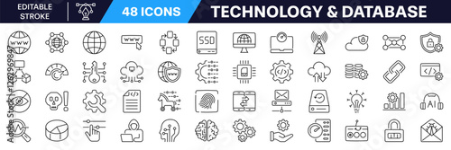 Technology and database Icon set. Editable stroke. Linear style.