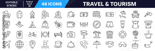 Travel and tourism Icon set. Editable stroke. Linear style.
