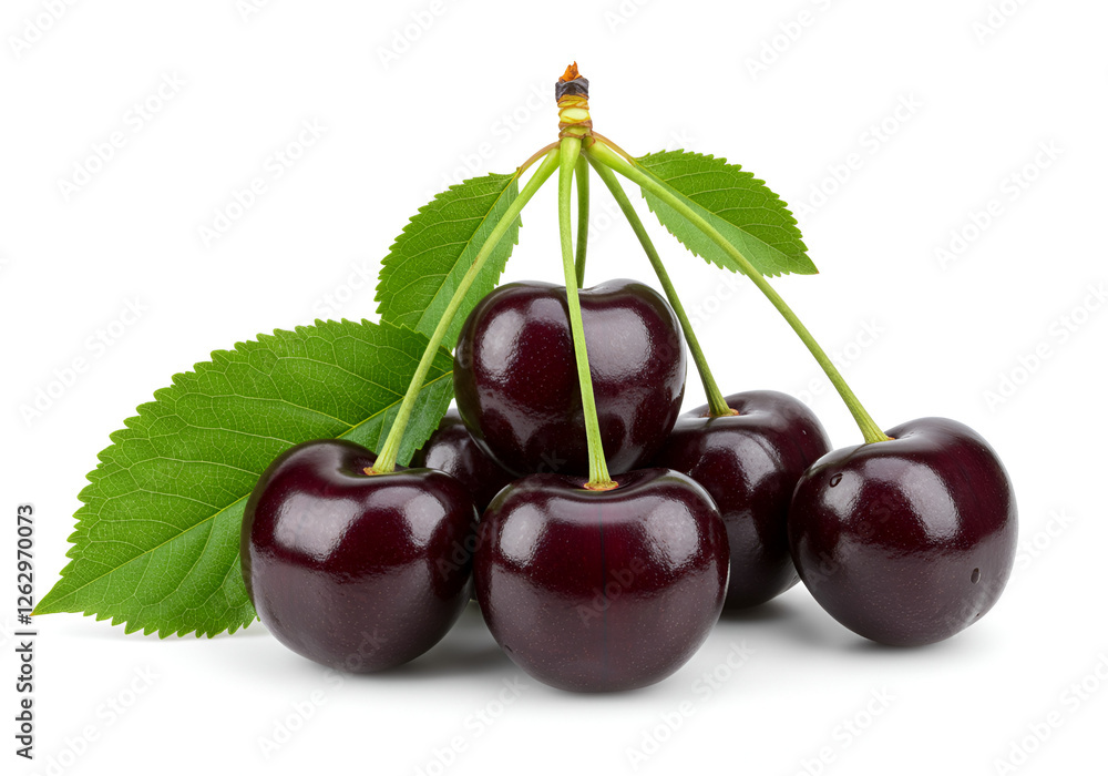 Fresh black cherries with leaves juicy summer fruit isolated on white background Fresh black cherries with leaves juicy summer fruit isolated on white background