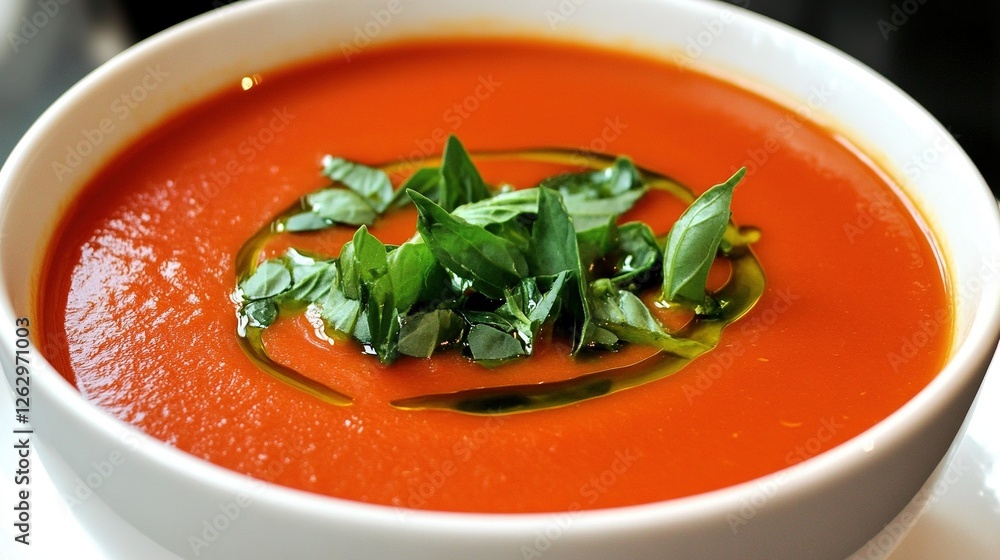 A bowl of tomato soup: Describe the smooth, tangy soup, garnished with fresh basil and a drizzle of olive oil. A bowl of tomato soup: Describe the smooth, tangy soup, garnished with fresh basil and a drizzle of olive oil.
