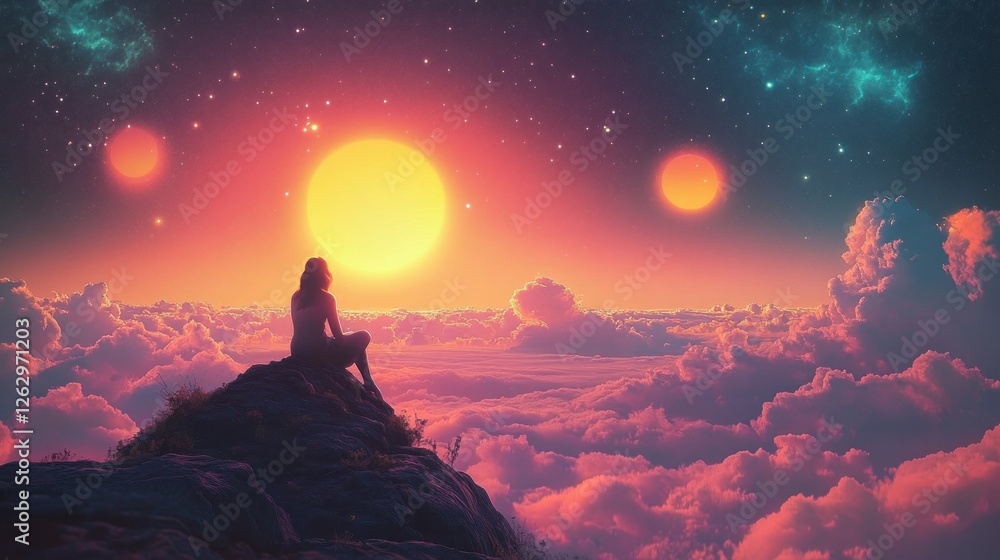 woman gazing at vibrant cosmic landscape on rocky outcrop in dreamy surrealism style woman gazing at vibrant cosmic landscape on rocky outcrop in dreamy surrealism style