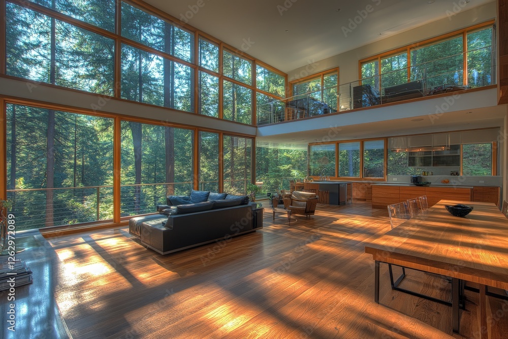 Naklejka premium Spacious modern interior with large windows overlooking a serene forest setting in the late afternoon