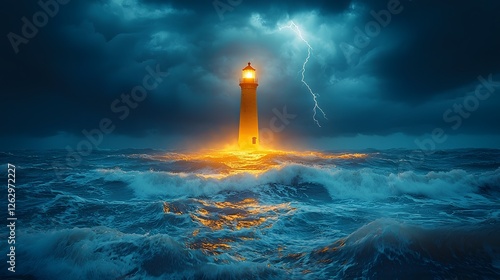 Glowing Lighthouse Stands Resilient Against Dramatic Thunderstorm Roaring Sea