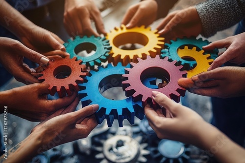 Obraz na płótnie Teamwork and Collaboration Connecting Colorful Gears in Business Partnership w salonie