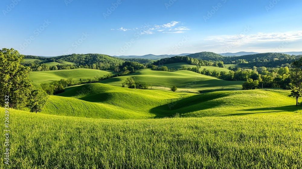 Fototapeta premium A panoramic view of rolling hills covered in fresh spring grass, symbolizing rebirth