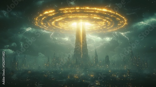 Wallpaper Mural Radiant Thunderstorm Over Futuristic Tower Glowing Lightning Bolts Absorbed into Dramatic Sci Fi Structure Torontodigital.ca