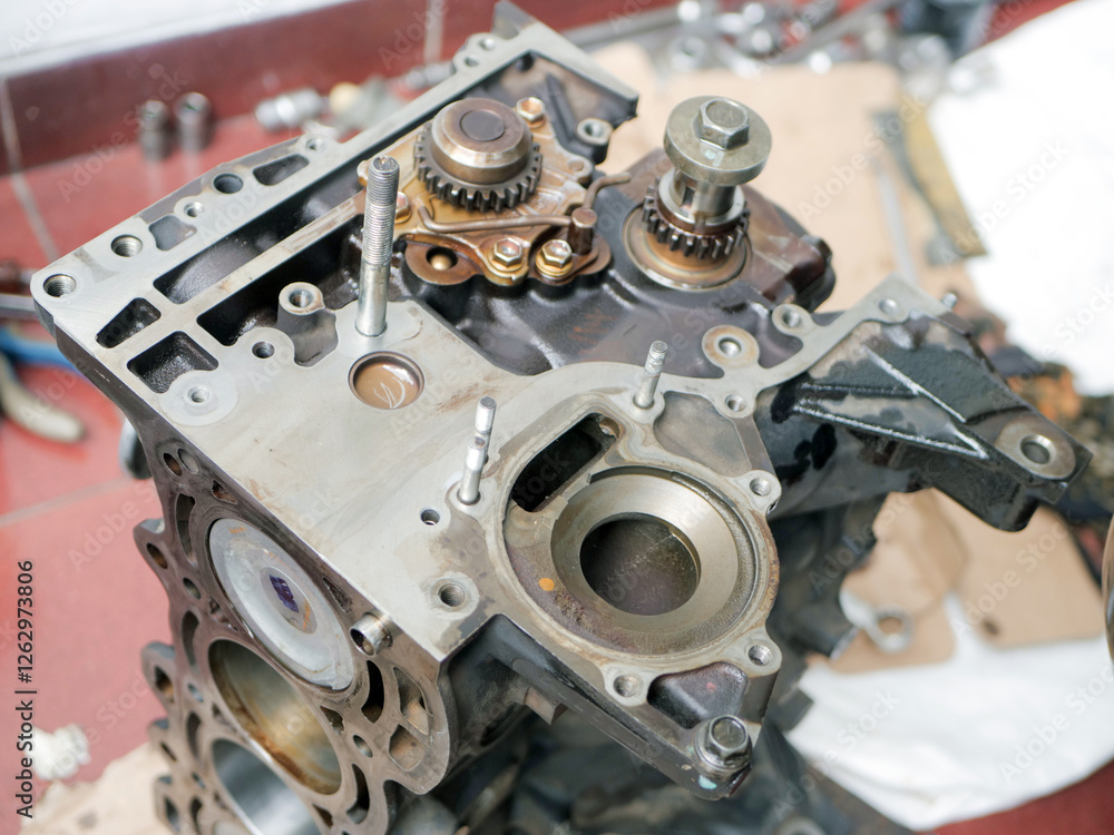 Fototapeta premium Close up of the gearbox of a car engine. Selective focus.