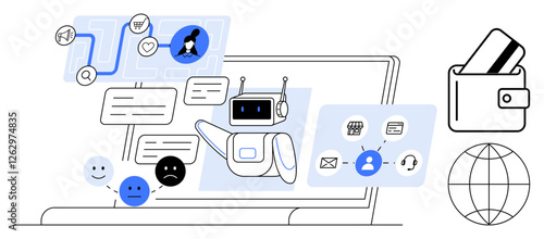 AI chatbot interacting with users on laptop screen, various communication icons, wallet with credit cards, and globe. Ideal for e-commerce, fintech, customer service, tech solutions, user experience