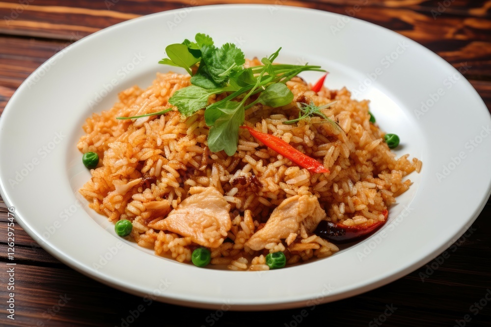 Spicy Thai style one dish meal Fried rice with canned tuna served on a white plate Spicy Thai style one dish meal Fried rice with canned tuna served on a white plate