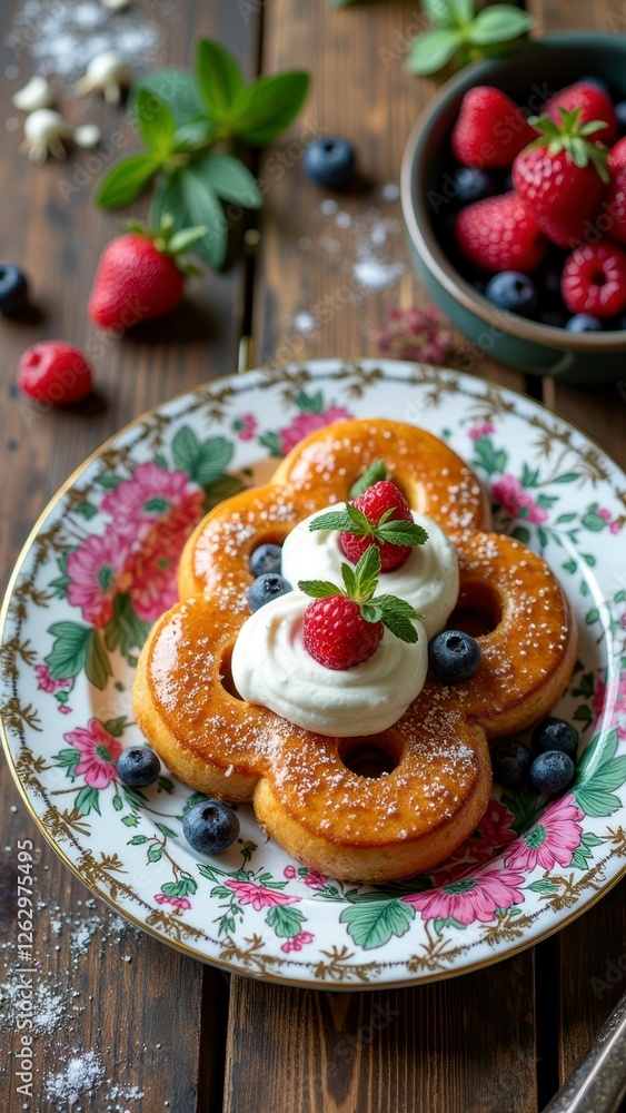 Obraz premium Floral plate with whipped cream topped waffles and berries on rustic wooden table