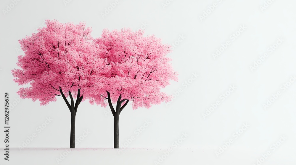 Obraz premium Blooming sakura trees, pink petals floating in the air, 3D illustration