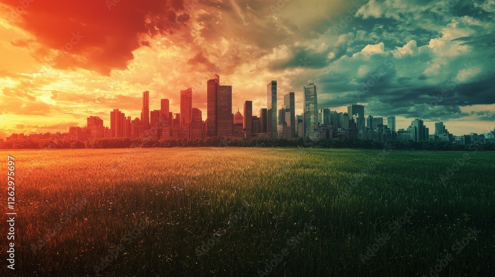 Fototapeta premium Sunset Over City Skyline with Colorful Clouds and Green Field