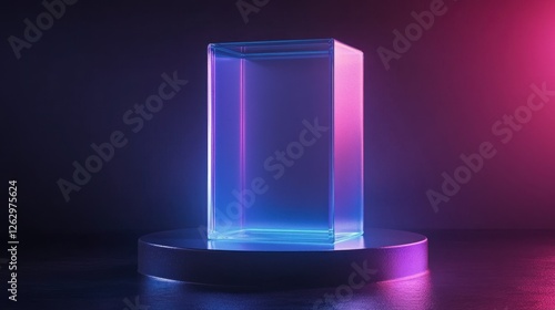 Abstract Neon Glass Box on Round Platform Futuristic Minimalist Design