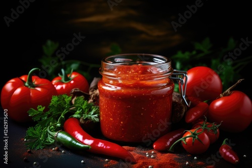 Wallpaper Mural Spicy tomato sauce made with hot peppers and fresh tomatoes packaged in a glass jar Torontodigital.ca