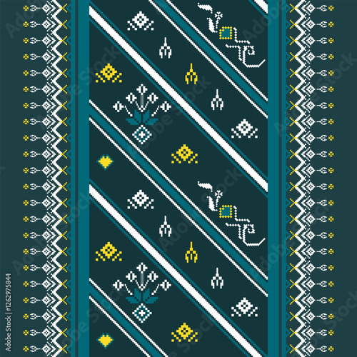 Traditional Ukrainian pattern with floral and geometric pixel patterns, blue, green, yellow and white. Design features a cross-stitch pattern, knitted sweater, geometric borders, traditional art.