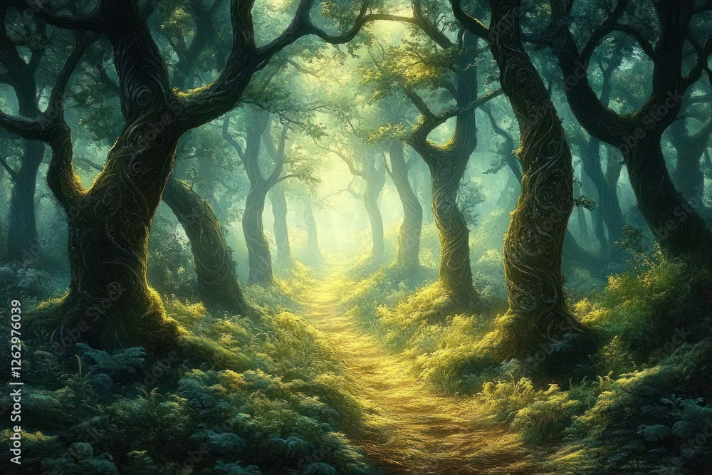 Misty Enchanted Forest with Glowing Light and Dreamy Atmosphere Fantasy Landscape Misty Enchanted Forest with Glowing Light and Dreamy Atmosphere Fantasy Landscape