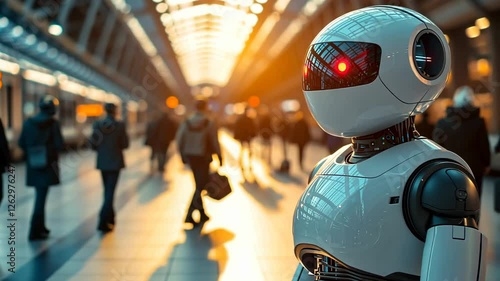 Wallpaper Mural humanoid robot stands in a train station, observing the bustling environment. This image depicts the integration of AI into everyday life and future travel. The concept explores robotics and ai Torontodigital.ca
