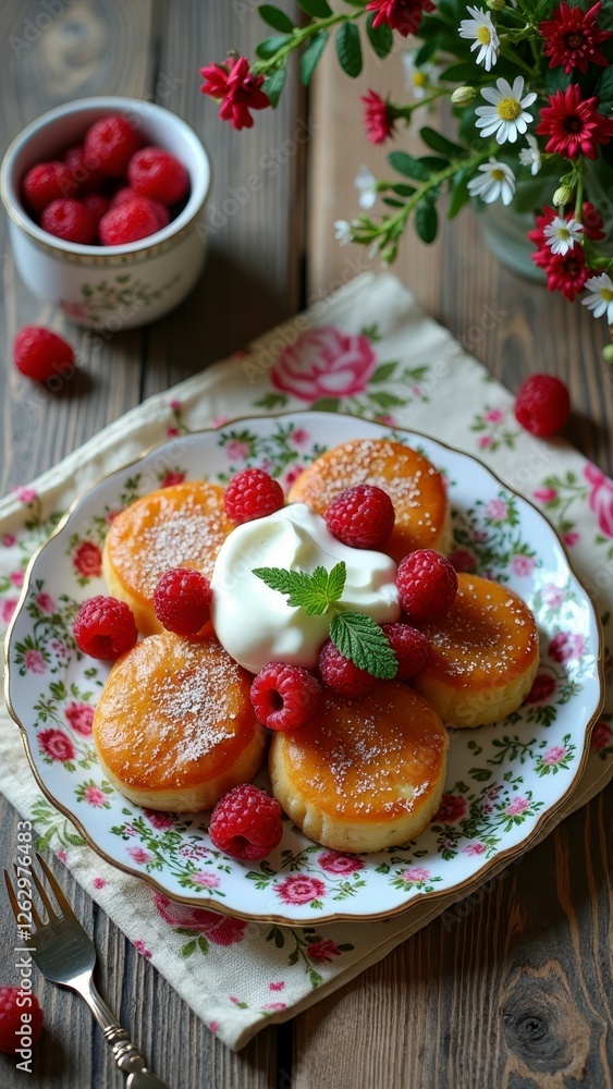 Decorative plate of syrniki with raspberries and cream on floral napkin Decorative plate of syrniki with raspberries and cream on floral napkin