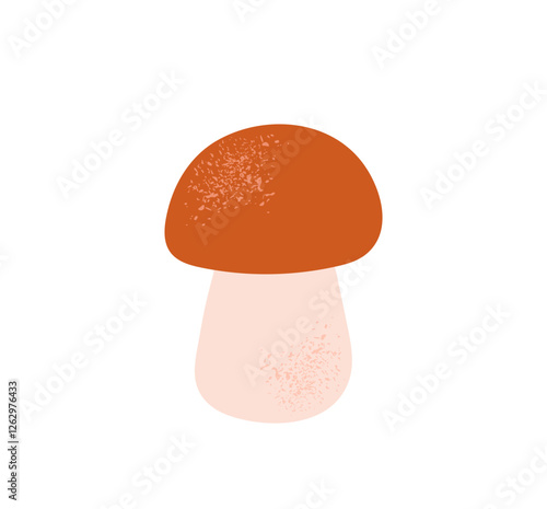 Simple brown mushroom isolated on white background. Boletus or porcini fungus. Textured hand drawn flat cartoon vector. Fall or autumn seasonal food icon