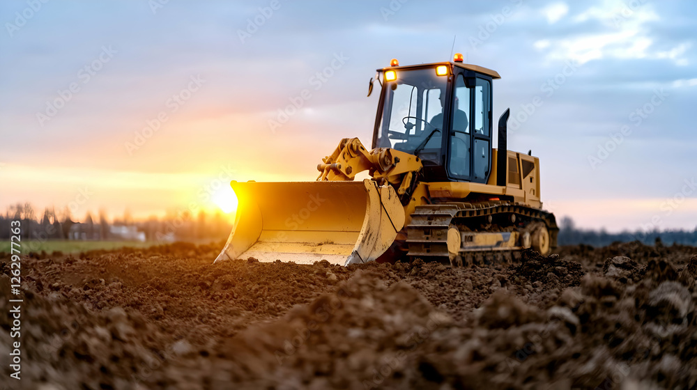 Bulldozer working sunset field land construction Bulldozer working sunset field land construction