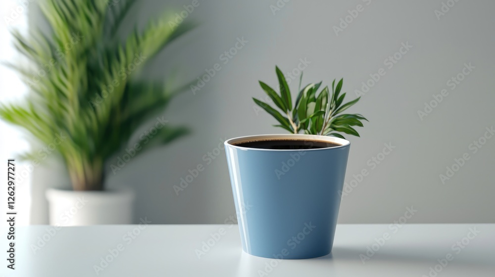 Fototapeta premium Morning Coffee Break: A Serene Moment of Calm with a Blue Mug and Greenery