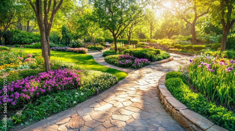 Serene Garden Pathway Surrounded by Colorful Flowering Plants Serene Garden Pathway Surrounded by Colorful Flowering Plants