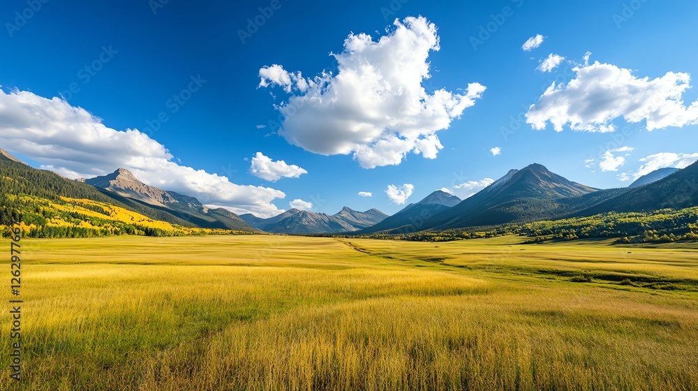 A vibrant summer meadow transitioning into autumn, golden leaves blending with green A vibrant summer meadow transitioning into autumn, golden leaves blending with green
