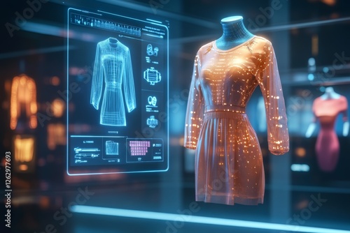 Futuristic Fashion Design Digital Dress Hologram on Mannequin
