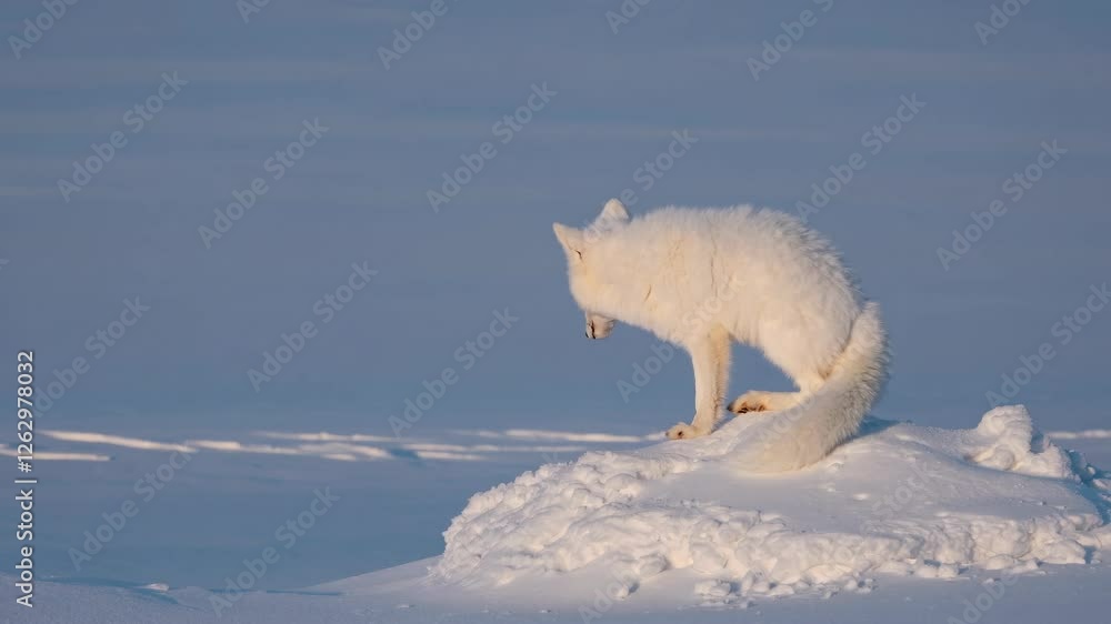A serene video still of an Arctic fox sitting on snow, captured from a low angle, showcasing its white fur against a vast, icy landscape. A serene video still of an Arctic fox sitting on snow, captured from a low angle, showcasing its white fur against a vast, icy landscape.