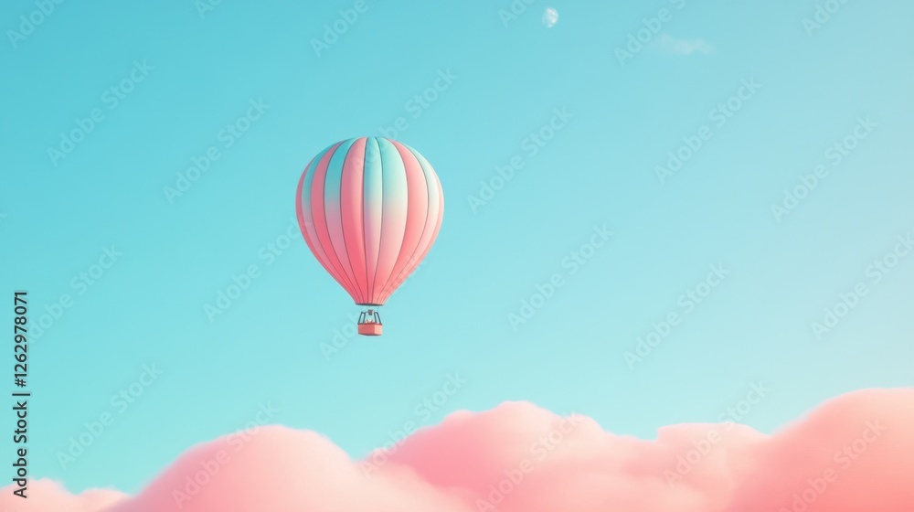 Obraz premium Dreamy Hot Air Balloon Flight Pastel Pink and Blue Stripes Soaring Above Fluffy Clouds in a Serene Sky