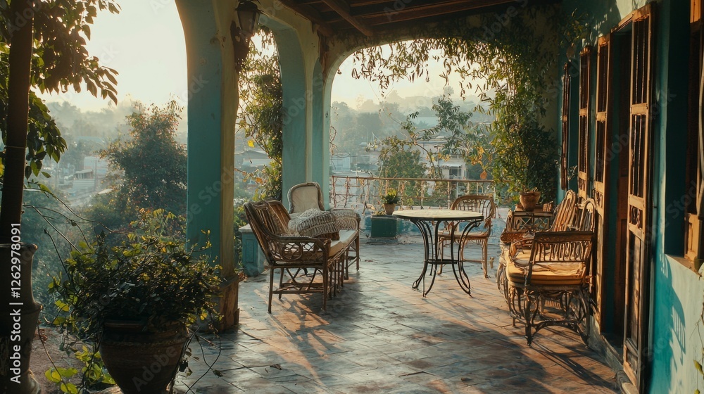 Obraz premium Serene Sunlit Terrace with Vintage Furniture and Lush Greenery