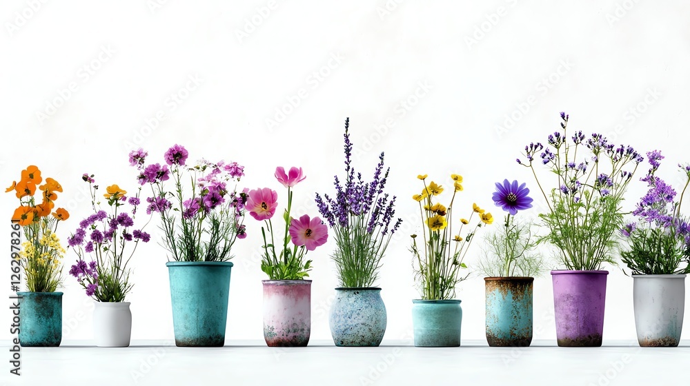 Fototapeta premium a vintage botanical garden scene, soft pastel flowers and antique plant pots, artistic realism, isolated on white background