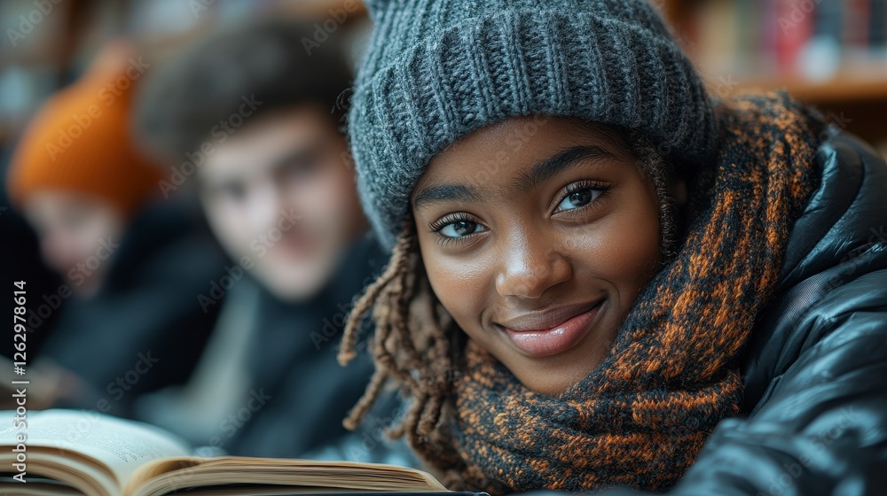 Smiling student studying in library Smiling student studying in library