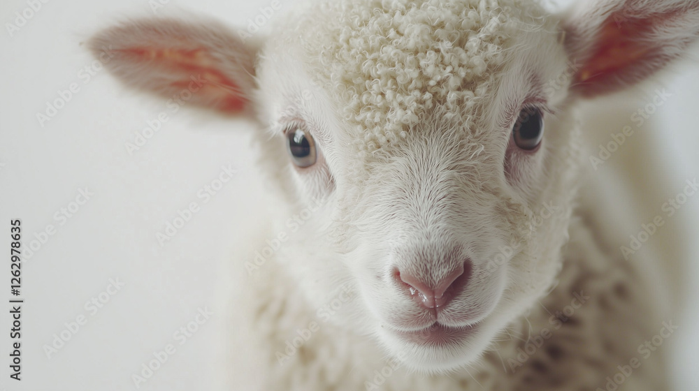 Fototapeta premium A young white lamb standing in a green meadow on a sunny day