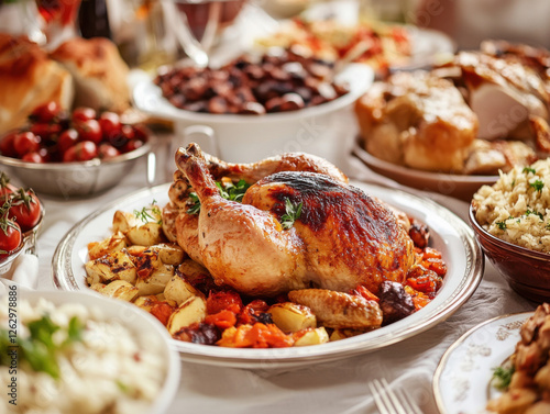 family holiday dinner with chicken, home environment. subdued light photo