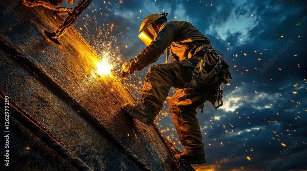 Worker welding on a metal structure at sunset, sparks flying against a dramatic sky