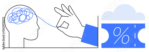 Hand removing tangled thoughts from a brain, next to a cloud-shaped discount coupon. Ideal for mental clarity, problem solving, brain health, financial savings, stress management, cognitive therapy