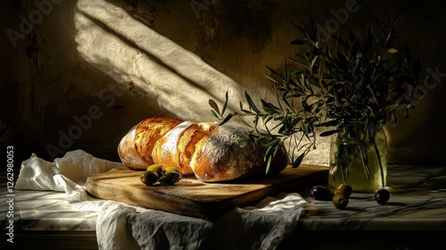 Wallpaper Mural Freshly baked artisanal bread on a wooden board with olives and olive branches in soft light Torontodigital.ca