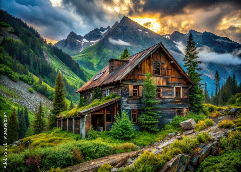 Rustic cabin, abandoned mountain lodge, decaying structure: urban exploration and nature photography in remote mountain scenery. Rustic cabin, abandoned mountain lodge, decaying structure: urban exploration and nature photography in remote mountain scenery.