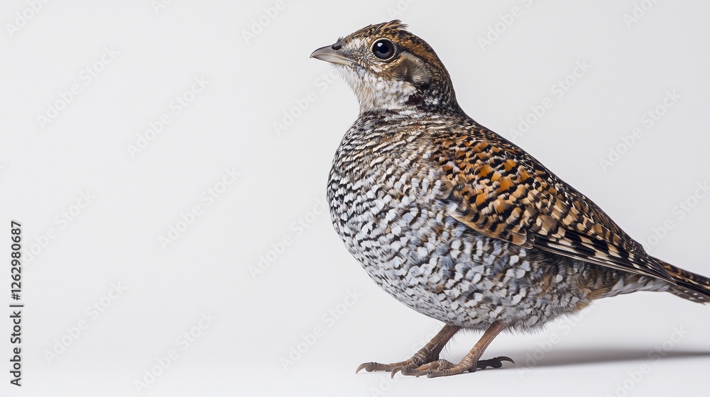 Side view of a speckled brown bird standing against a white background. Side view of a speckled brown bird standing against a white background.