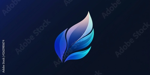 Abstract blue gradient leaf logo on dark background.