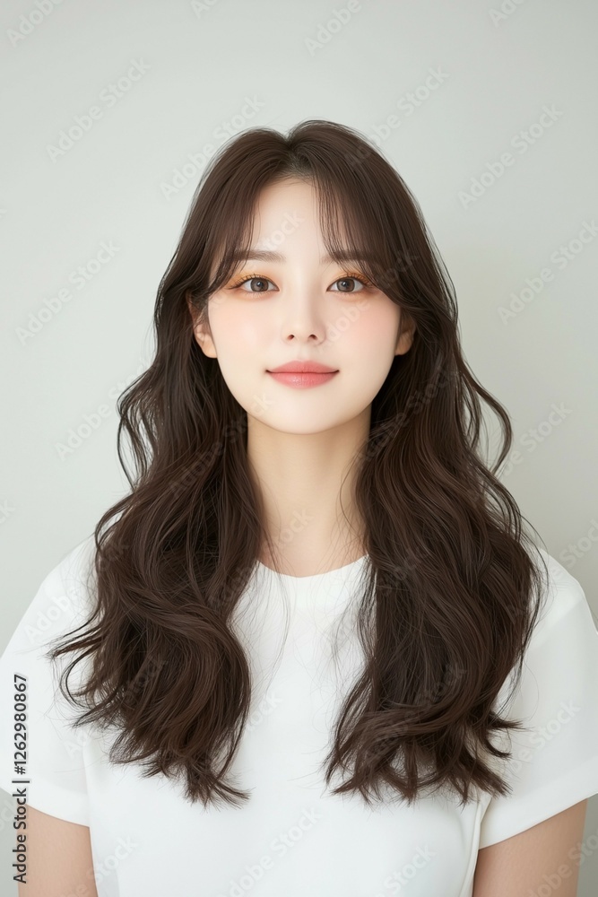 Portrait of a Smiling Woman with Long Flowing Hair in a White Shirt Portrait of a Smiling Woman with Long Flowing Hair in a White Shirt