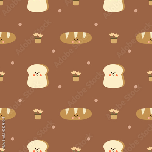 Bread cartoon so cute. On flower polka dot brown background. Pattern seamless vector illustration. 