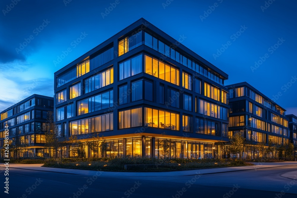 Fototapeta premium Modern Illuminated Office Buildings at Dusk Cityscape Architecture