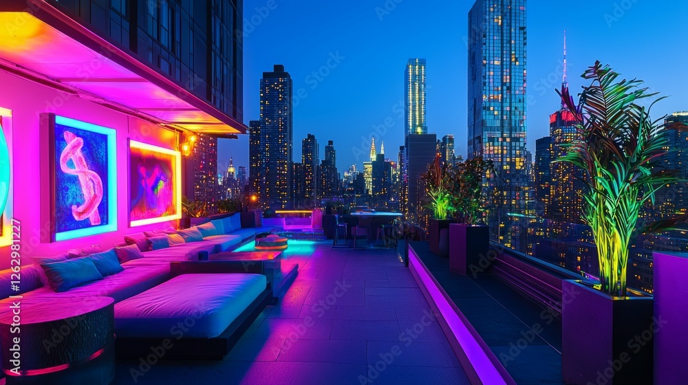 Obraz premium Vibrant Rooftop Lounge with Stunning Cityscape at Night