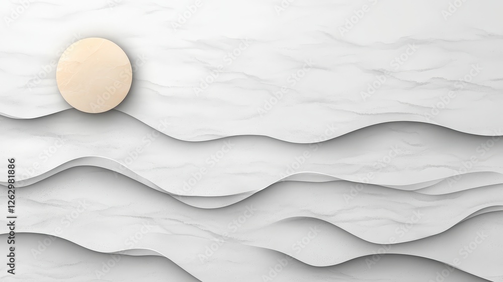 Obraz premium minimalist abstract design features layered white and light gray waves with circular element resembling sun, creating serene and modern aesthetic